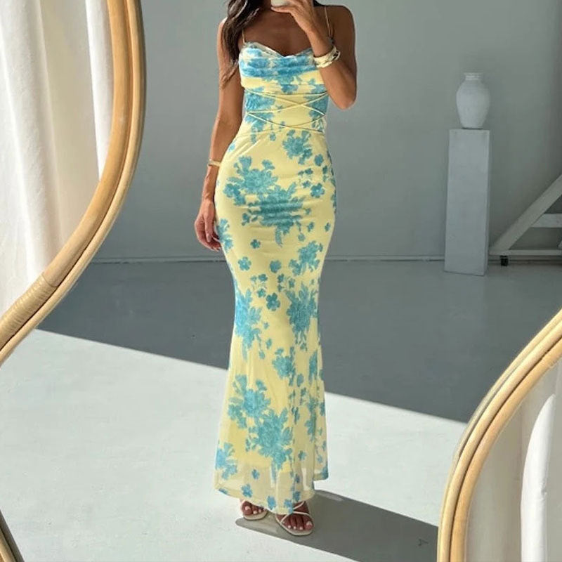 Women's Printed Lace Up Waist Sheath Long Sling Dress