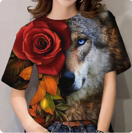 Women's T-shirt 3d Animal Print Short Sleeve Wolf Top