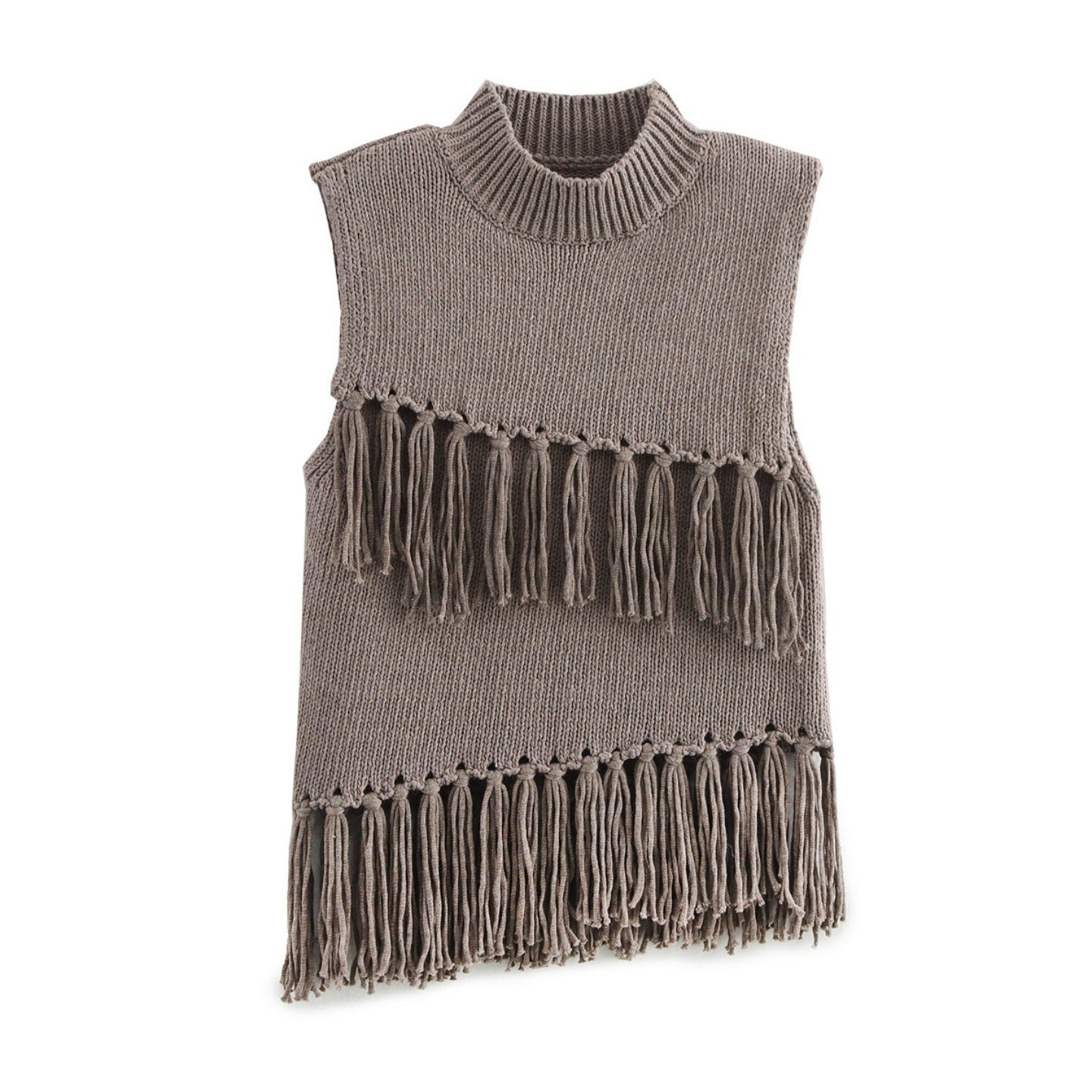 European And American Leisure Stand Collar Sleeveless Short Decorated Tassel Knitted Top
