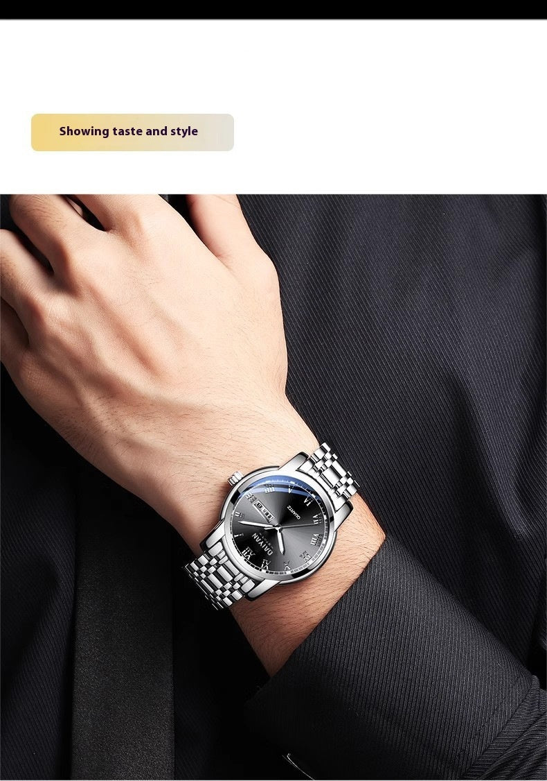 Stainless Steel With Double Calendar Quartz Watch Waterproof Luminous