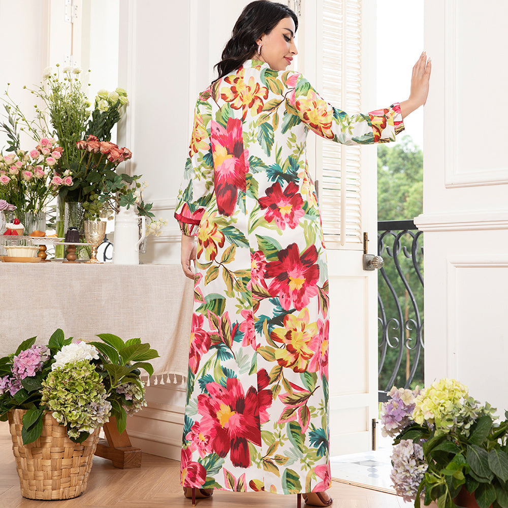 Holiday Style Elegant Style V-neck Flowers Plant Flared Sleeve Long Dresses
