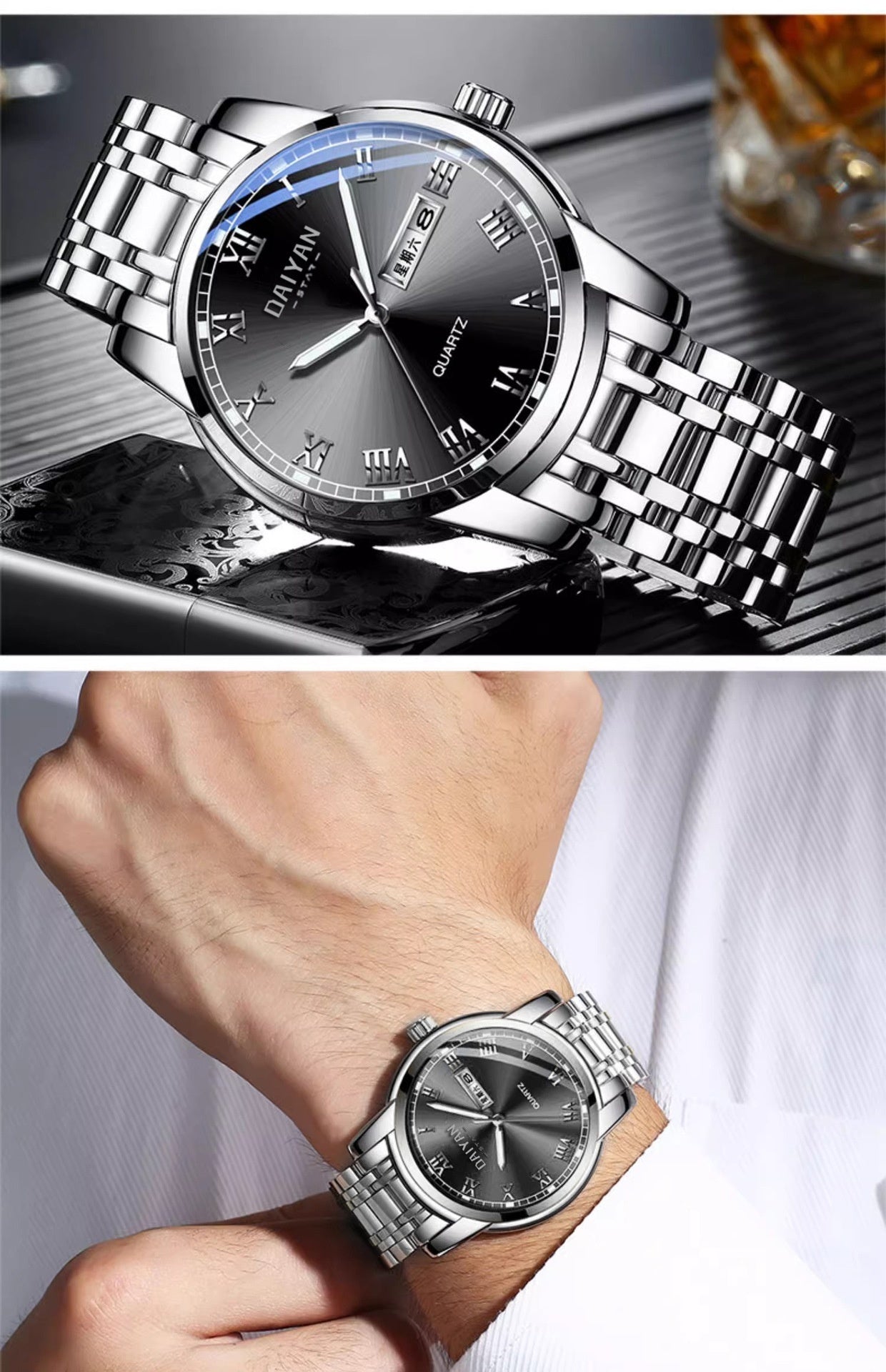 Stainless Steel With Double Calendar Quartz Watch Waterproof Luminous