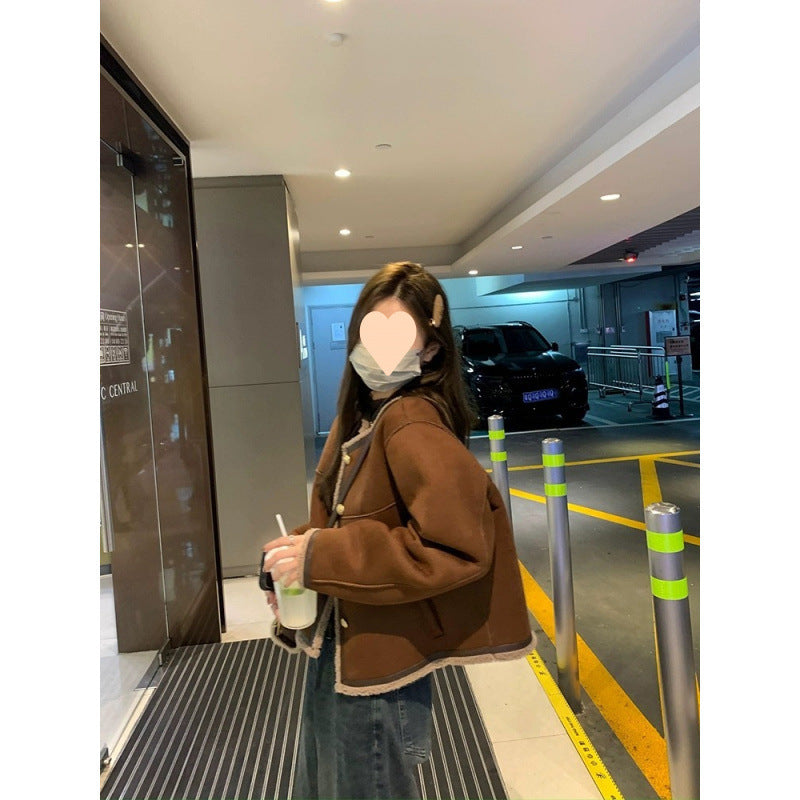 Cashmere Suede Fur Integrated Maillard Long-sleeved Coat For Women