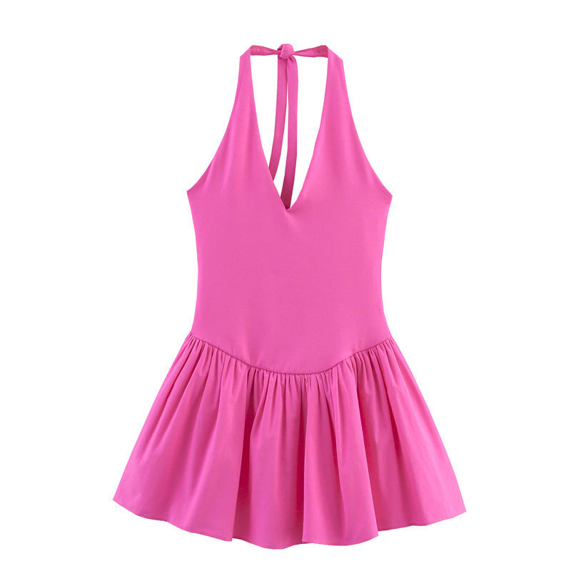 European And American Style Solid Color Sexy Slimming Waist Hanging Collar Stitching Dress