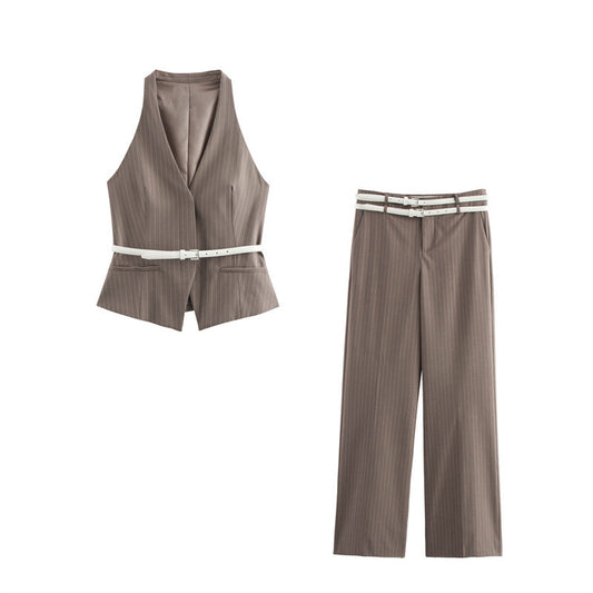 European And American Style Women's Fashion Temperament With Belt Vest Double Belt Pants