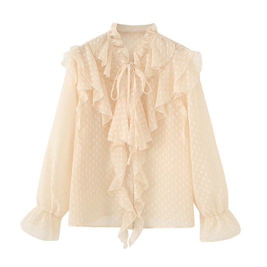 Laminated Decoration French Tulle Long Sleeve Shirt