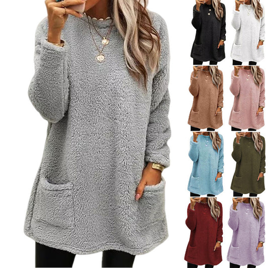 Women's Long Sleeved Pocket Plush Hoodie T-shirt Top