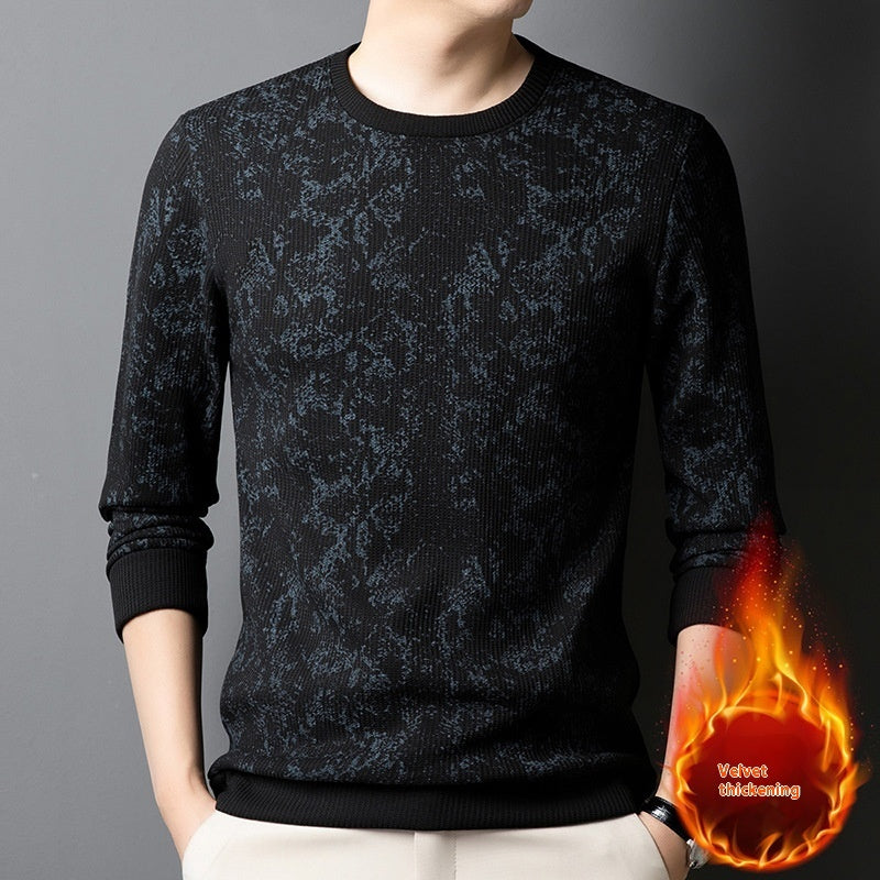 Men's Round Neck Printed Young And Middle-aged Long-sleeved Thickened Warm T-shirt