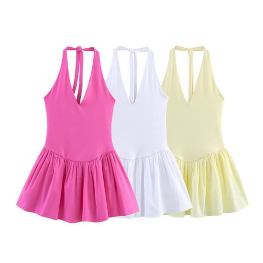 European And American Style Solid Color Sexy Slimming Waist Hanging Collar Stitching Dress