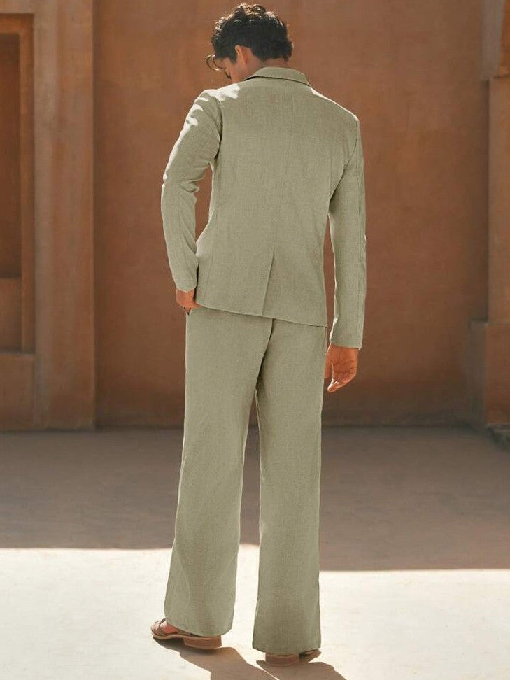 Men's Light Green Double - Breasted Blazer & Wide - Leg Pants Set