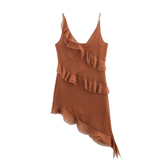 European And American Style Women's Asymmetric Laminated Decoration Sling Dress