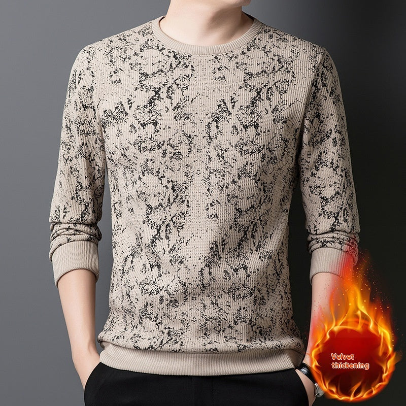 Men's Round Neck Printed Young And Middle-aged Long-sleeved Thickened Warm T-shirt