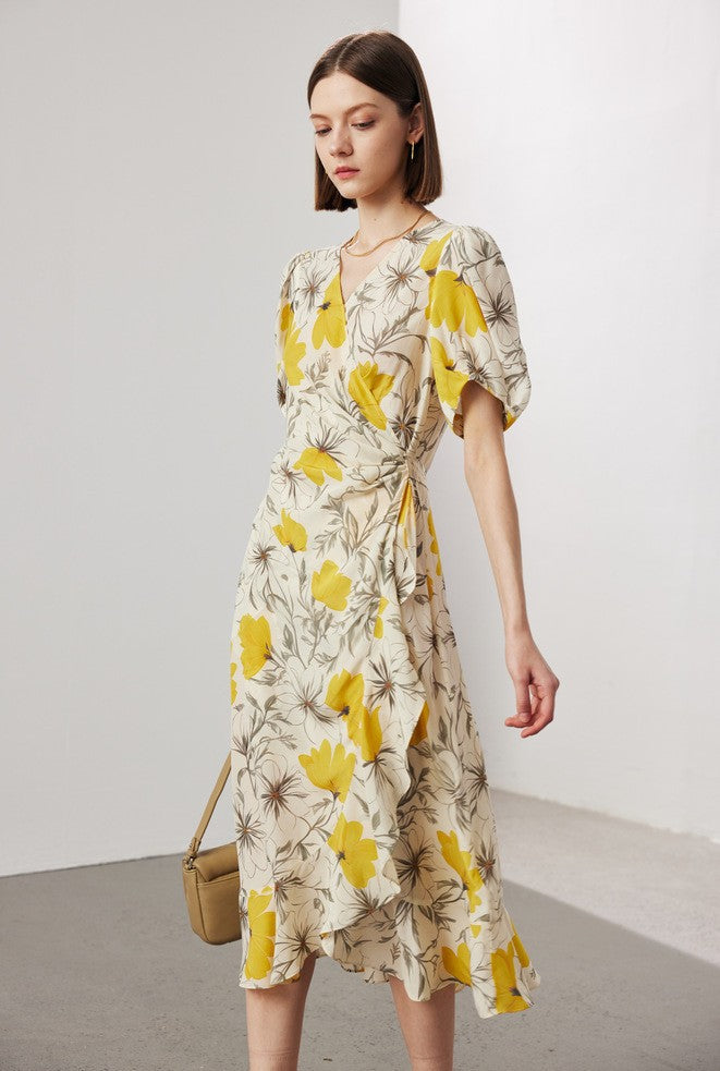 Women's Stomach Blanket-style Lace Printing Short-sleeved Silk Dress
