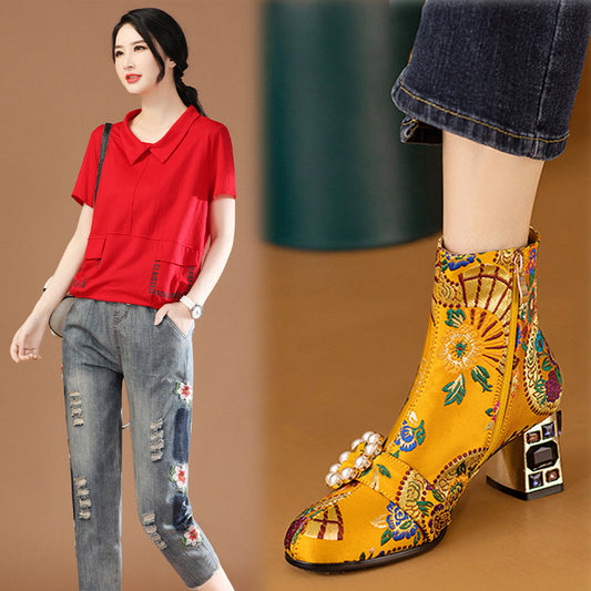 Ethnic Style Round Toe Pearl Buckle Flower Embroidery Chunky Heel Ankle Boots
