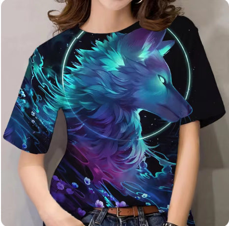 Women's T-shirt 3d Animal Print Short Sleeve Wolf Top