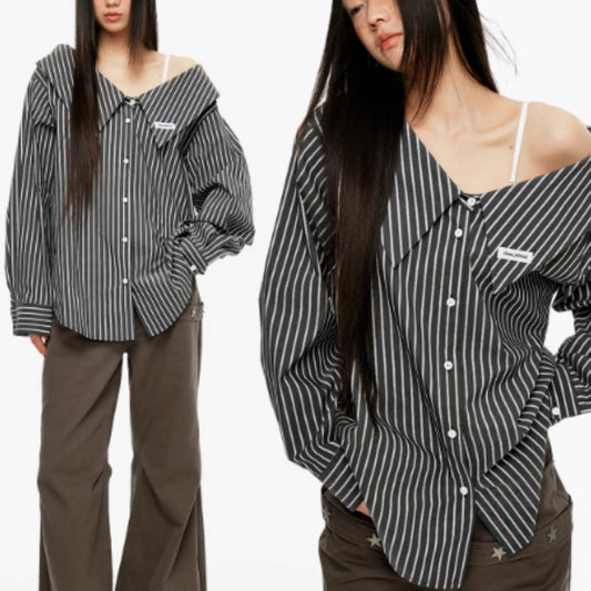 Detachable Splicing Vertical Striped Shirt For Women