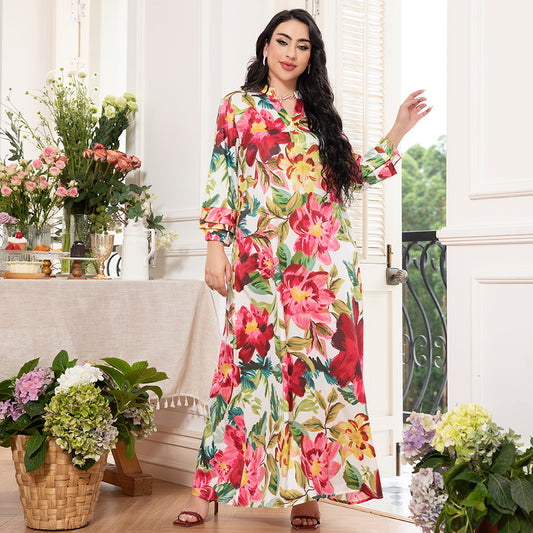 Holiday Style Elegant Style V-neck Flowers Plant Flared Sleeve Long Dresses