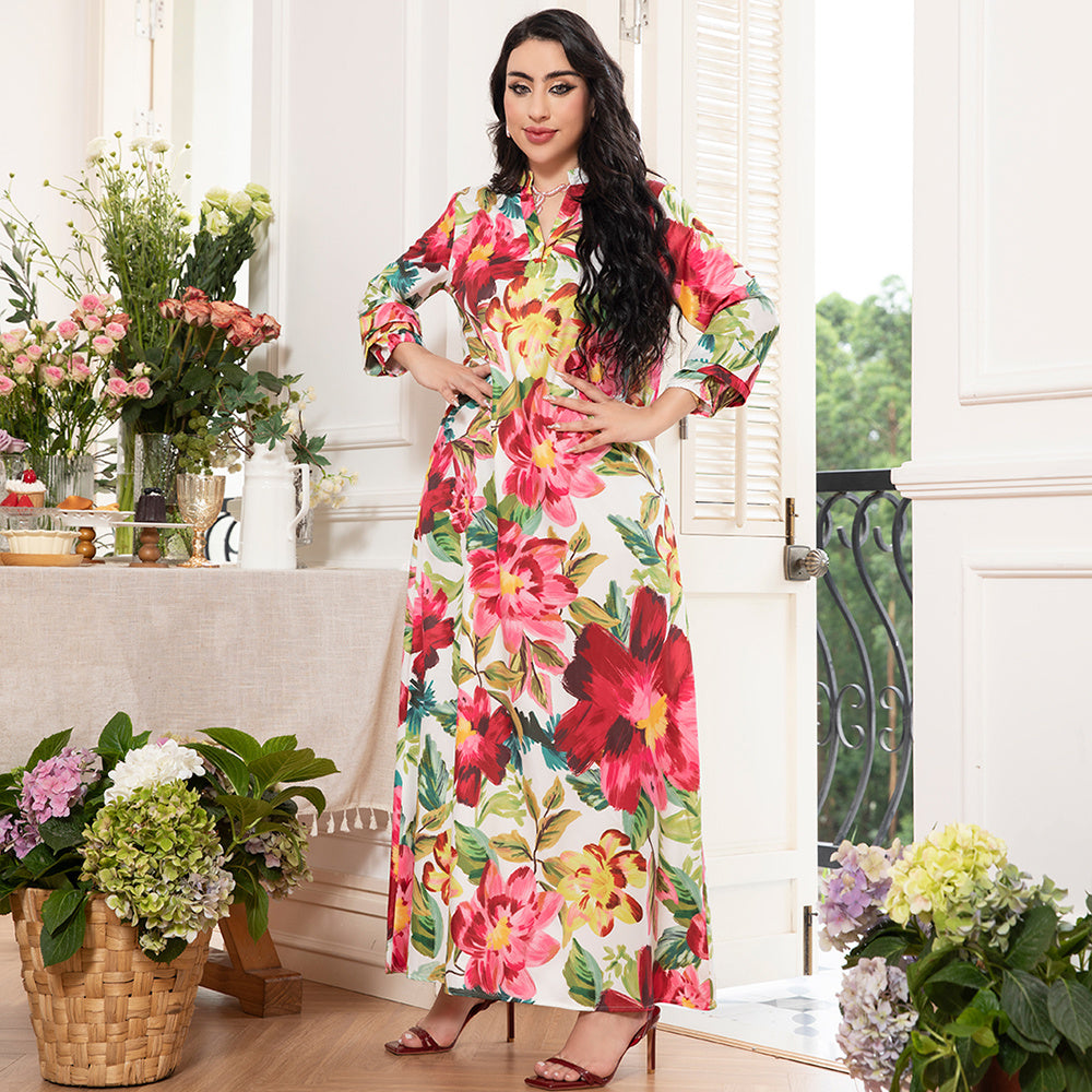 Holiday Style Elegant Style V-neck Flowers Plant Flared Sleeve Long Dresses